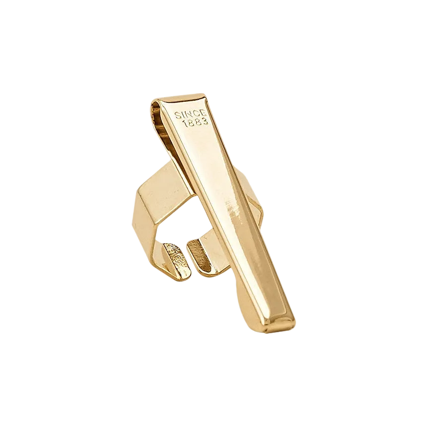Gold-plated octagonal pen clip with the date on the side.