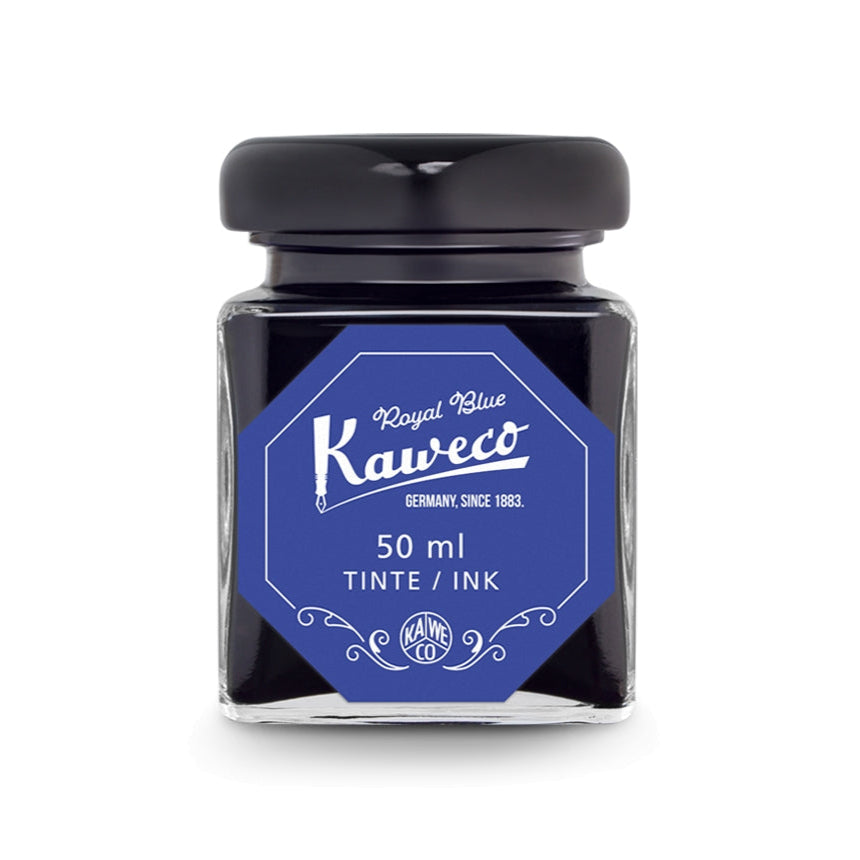A 50ml ink glass by Kaweco, labeled 'Royal Blue' designed for use with fountain pens.