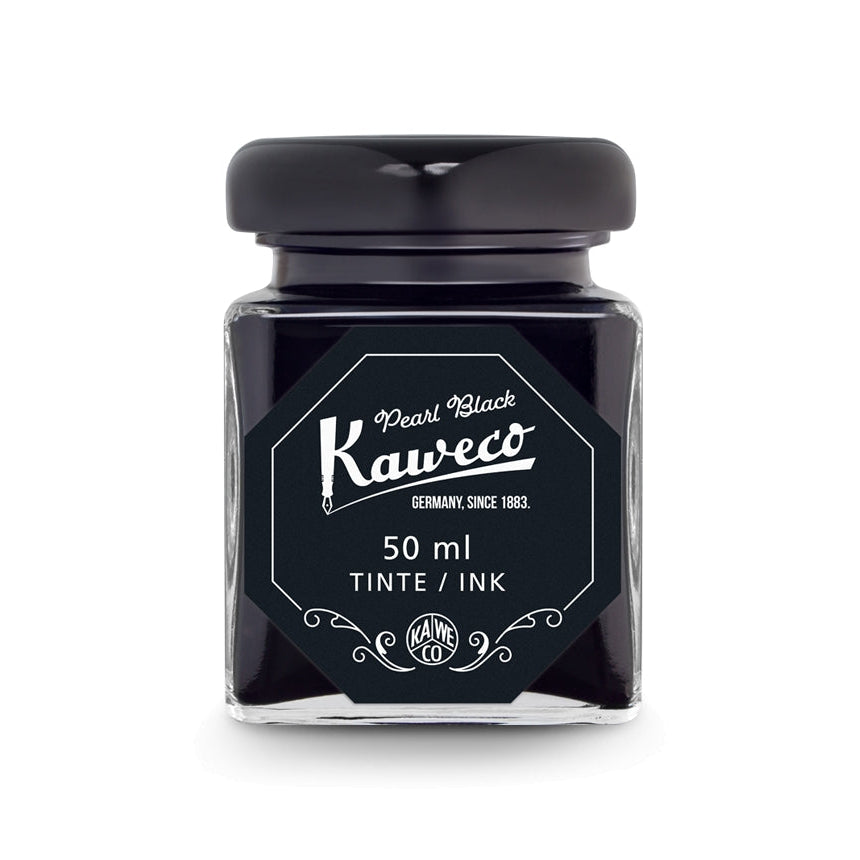 A 50ml ink glass by Kaweco, labeled 'Pearl Black' designed for use with fountain pens.