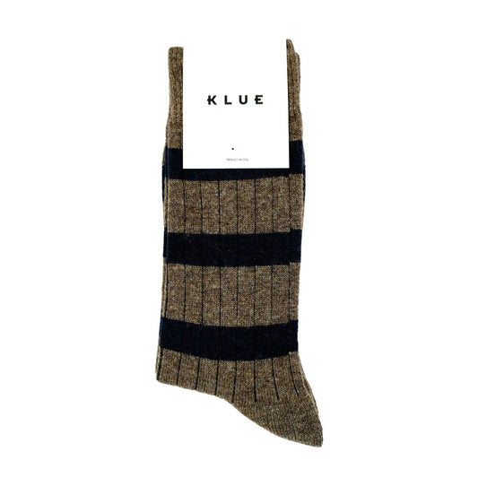 Striped sock with 'KLUE' branding on a white background