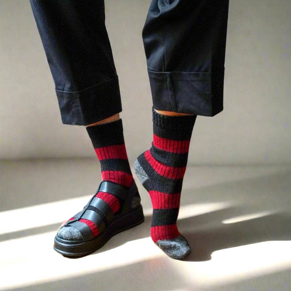Merino Wool Stripe Socks - Black & Red