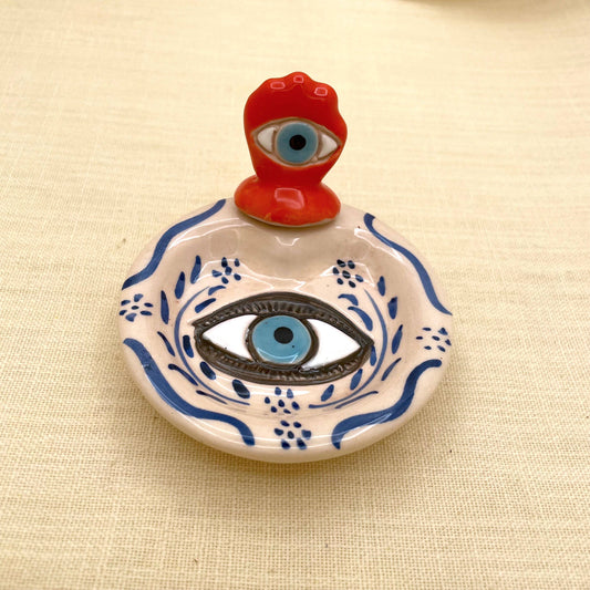 Ceramic Trinket Dish with Hand & Evil Eye Design