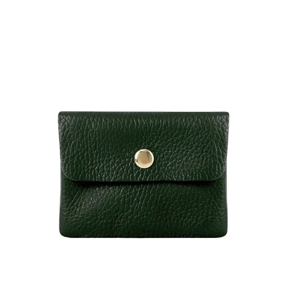 Green leather wallet with a gold button on a white background