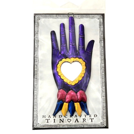 Mexican Tin Milagros Ex Voto - Purple Hand With Mirror