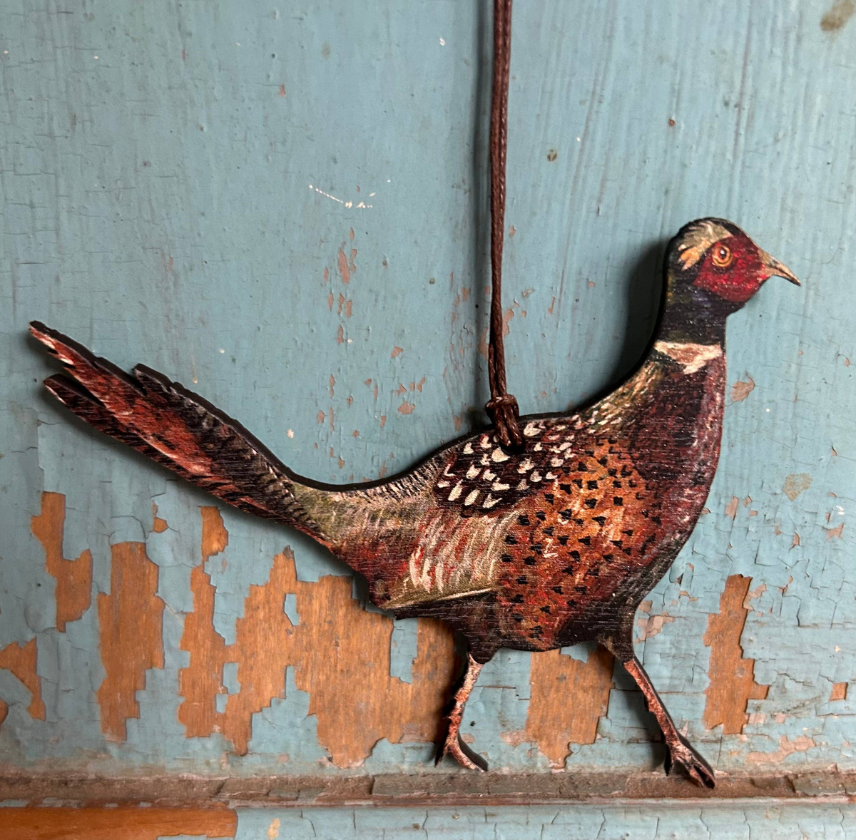 Clare O'Neill pheasant printed birch wood decoration