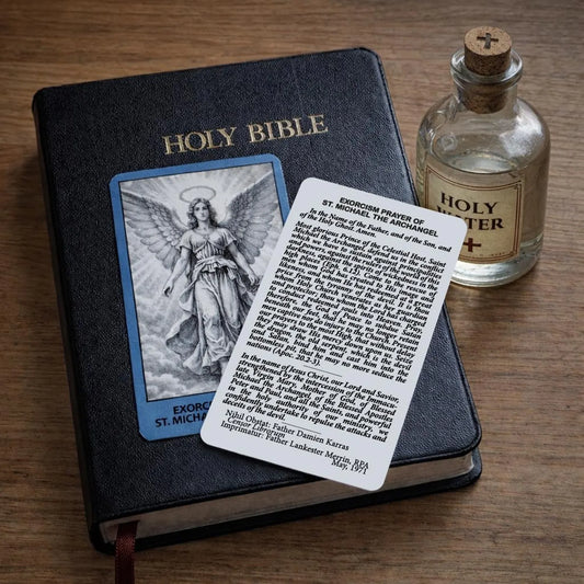 Exorcist bookmark printed with the exorcism prayer of St Michael