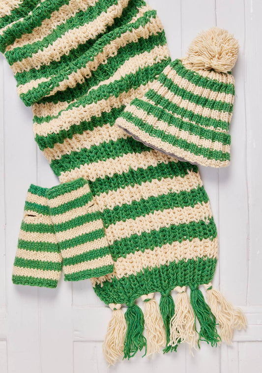 Green Stripe Hand Knitted Bobble Hat