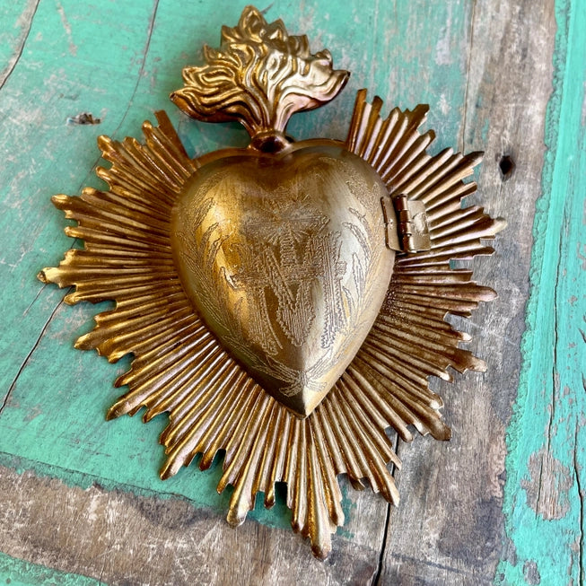 Flaming Sacred Heart Milagros Locket Hanging Ornament