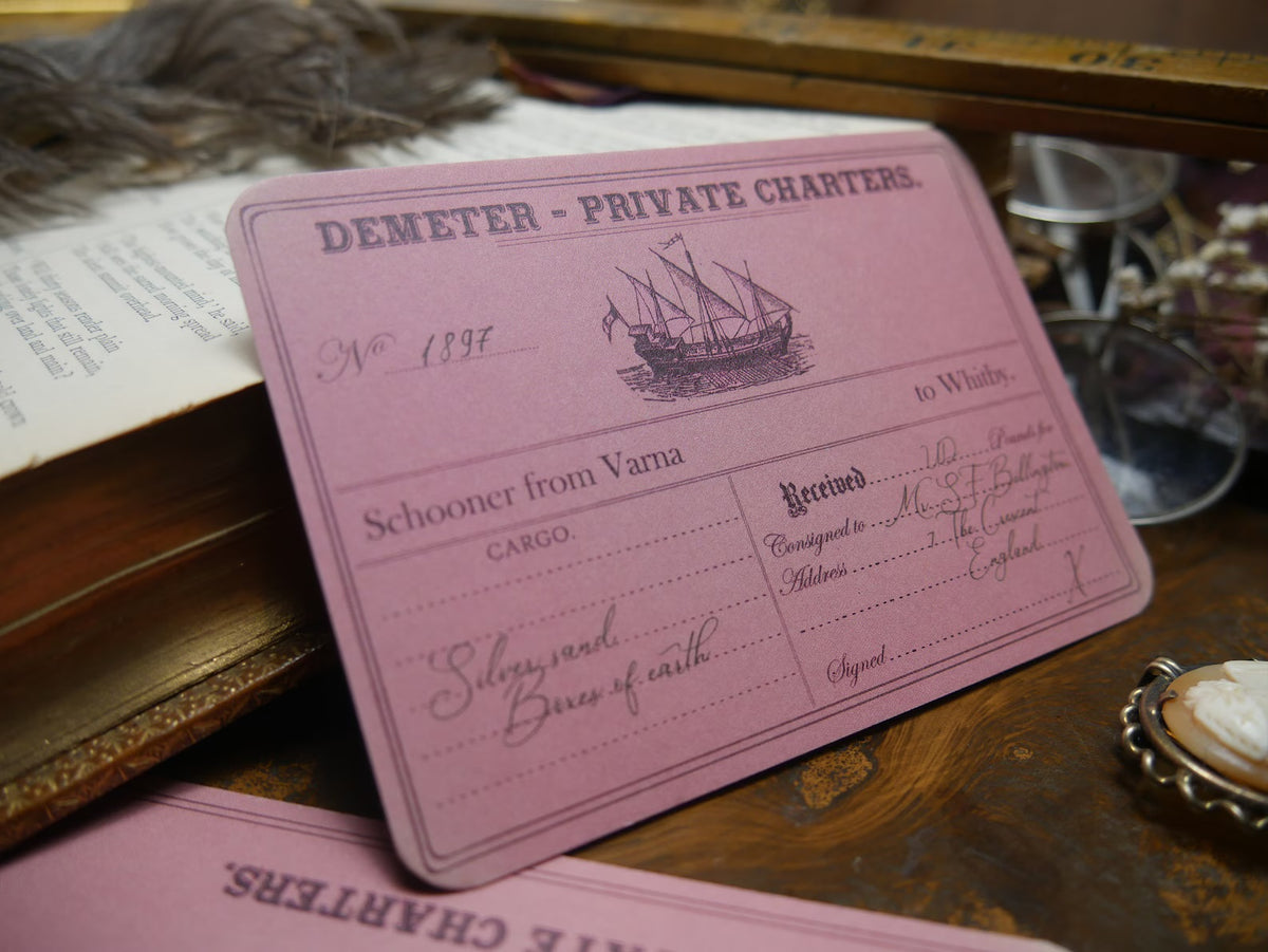 Demeter voyage receipt bookmark from Bram Stoker's Dracula, handwritten cargo details