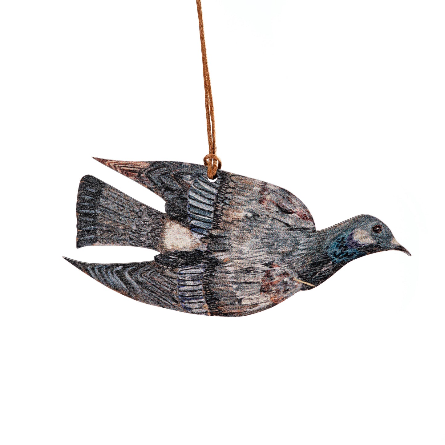 A wooden decoration in the shape of a dove, with a multicolored print and a brown waxed cotton thread tie.
