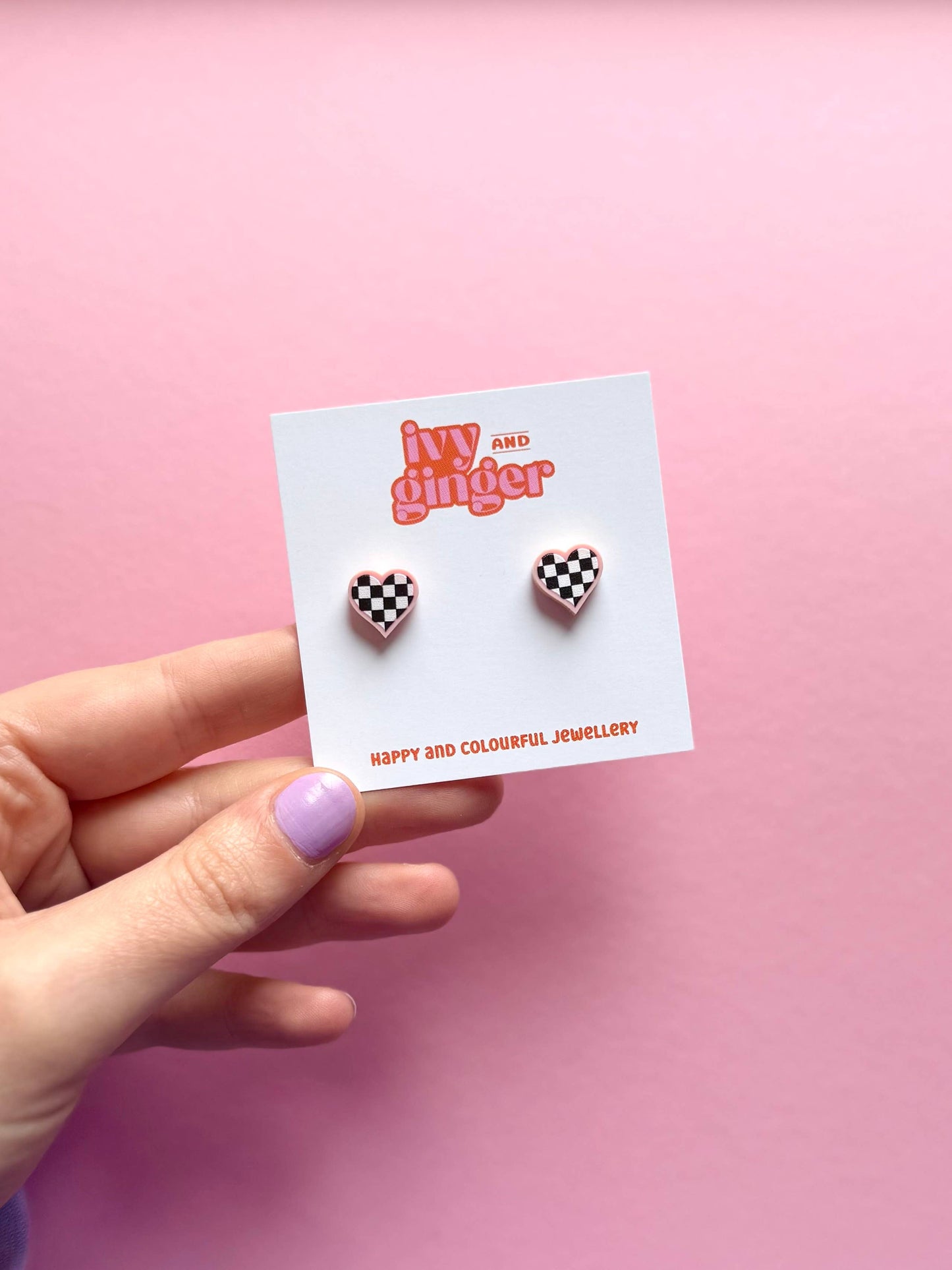 Pink Checkerboard Heart Stud Earrings – Handmade UK Acrylic with Surgical Steel Posts