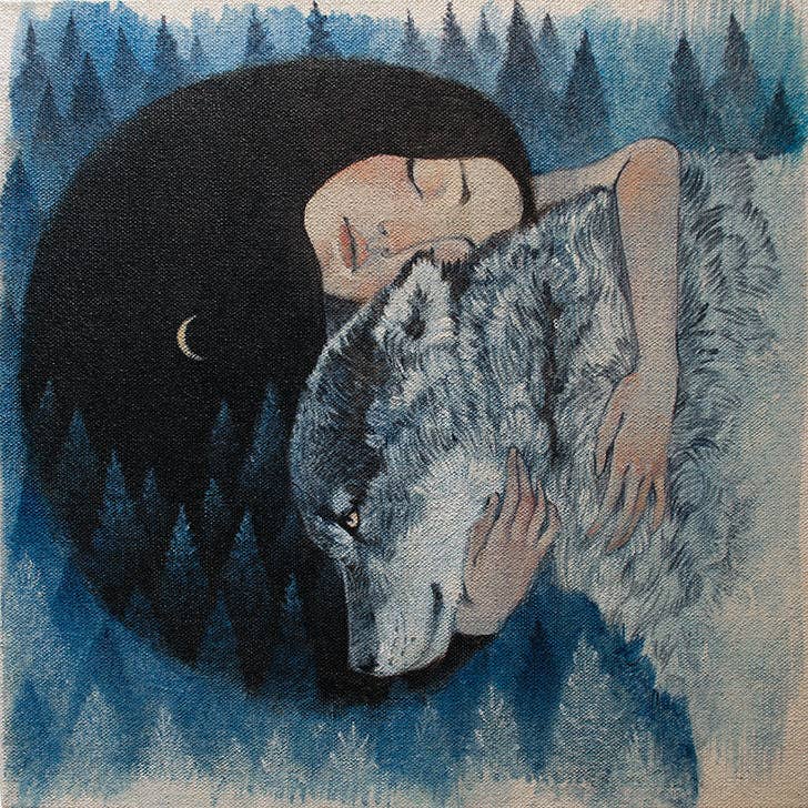 Wolf Mother greetings card by Lucy Campbell, a dark-haired woman cradling a wolf in the forest