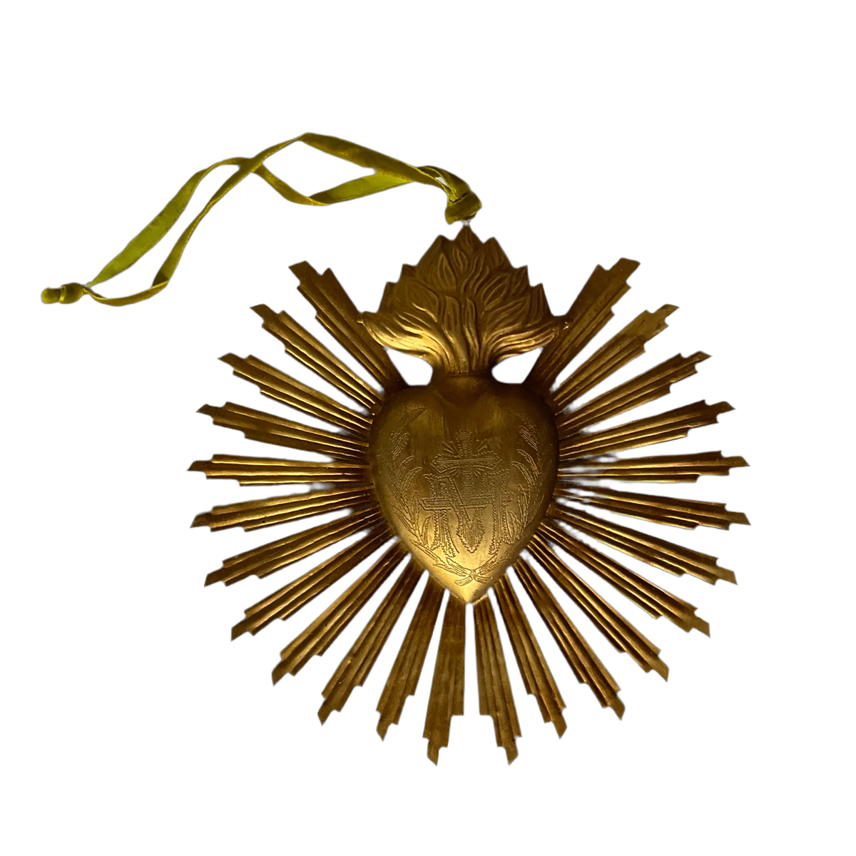 Large brass and gold-tone Sacred Heart sun rays ex voto, made in India