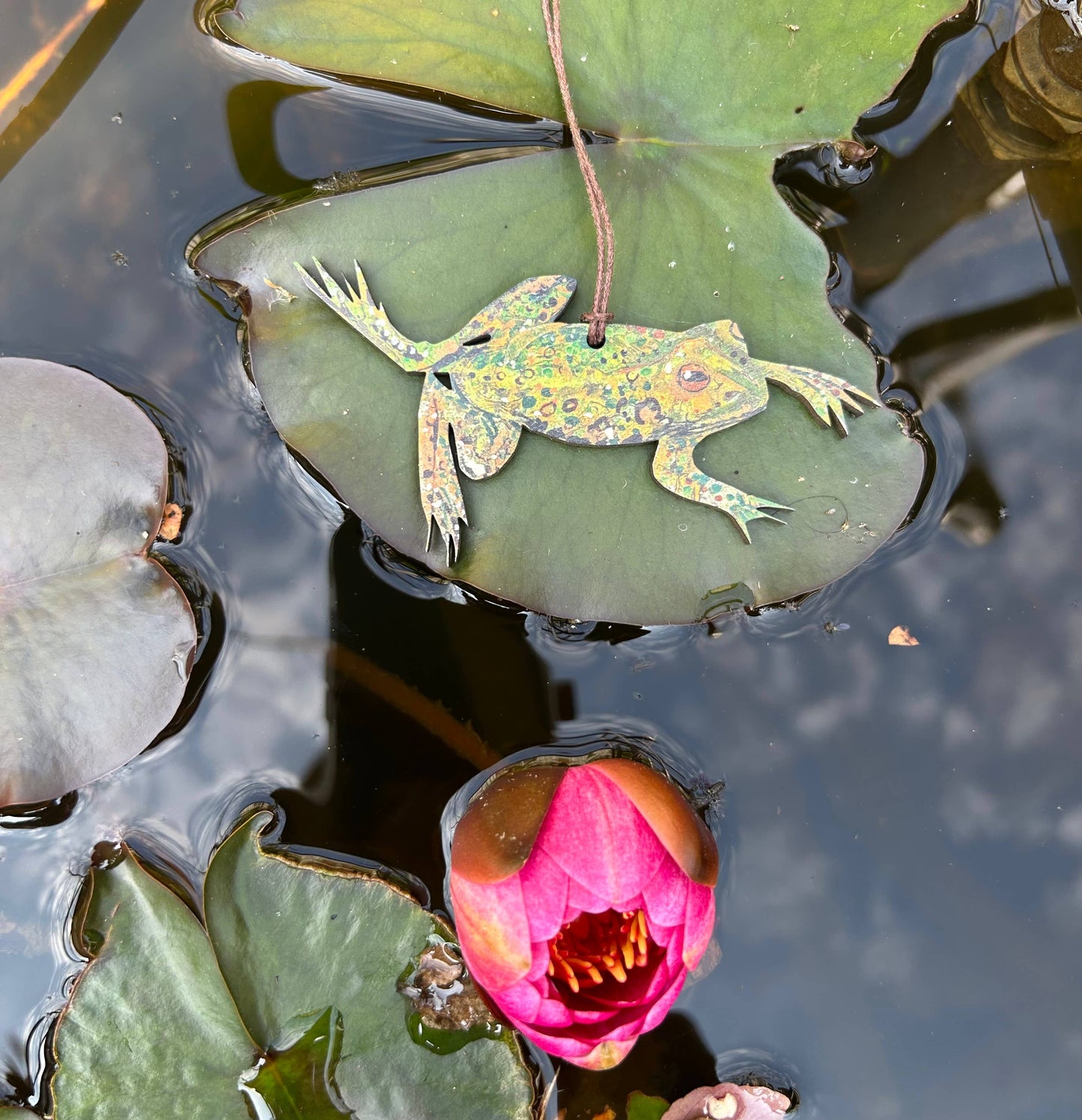 hanging frog plywood decoration floating on lily pad