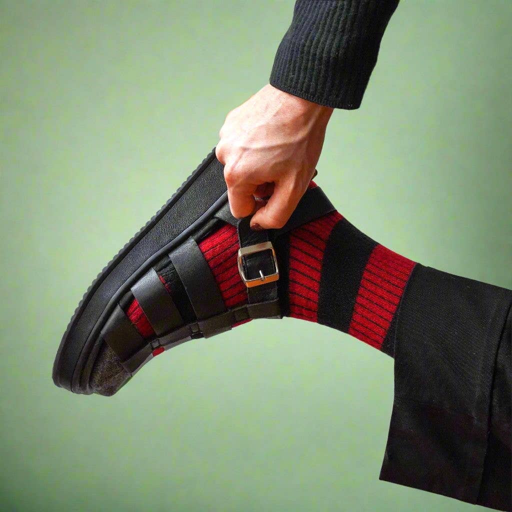 KLUE merino wool stripe socks in black and red