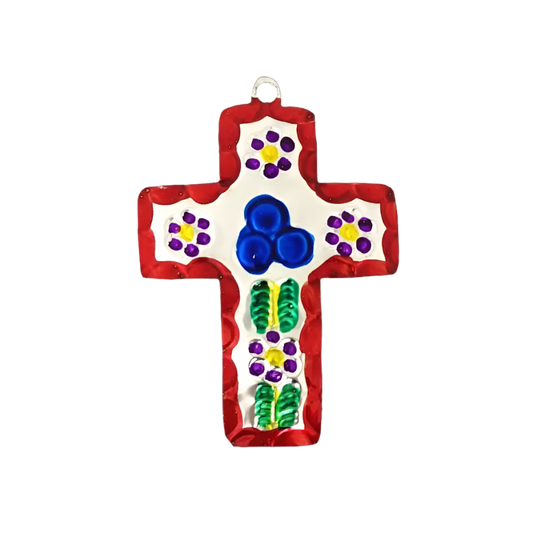 Mexican tin cross ex voto with milagros charms