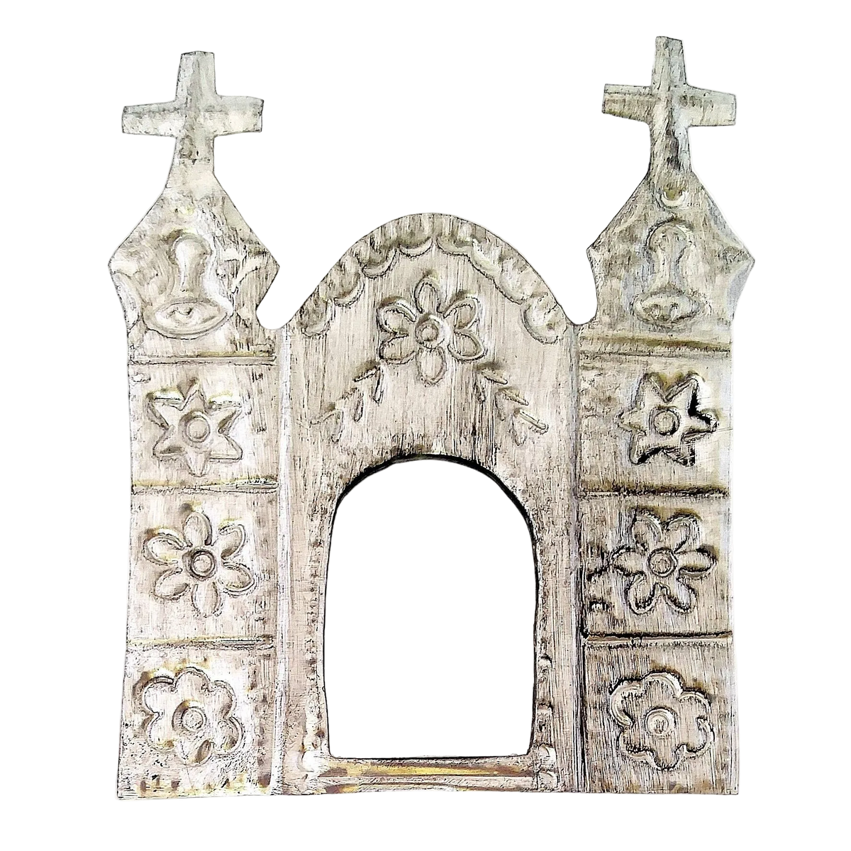 Mexican tin church with mirror milagros