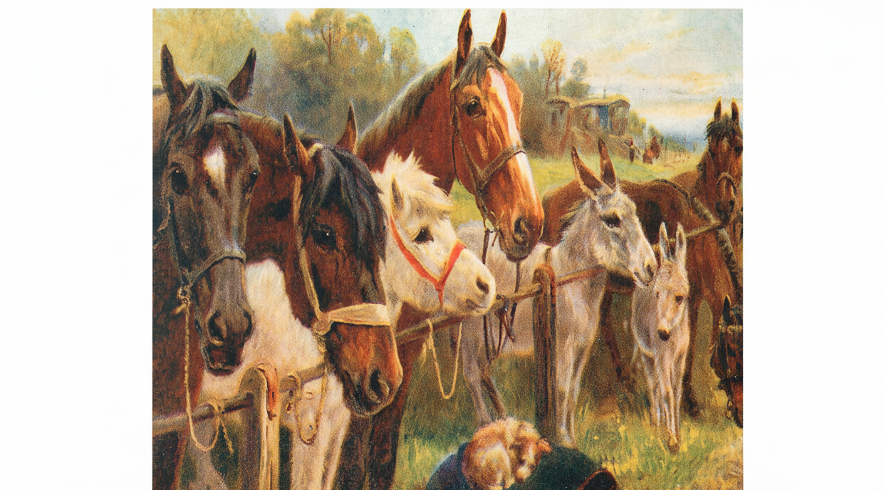 Greetings card with Painting of horses in a field with a dog lying on the ground.