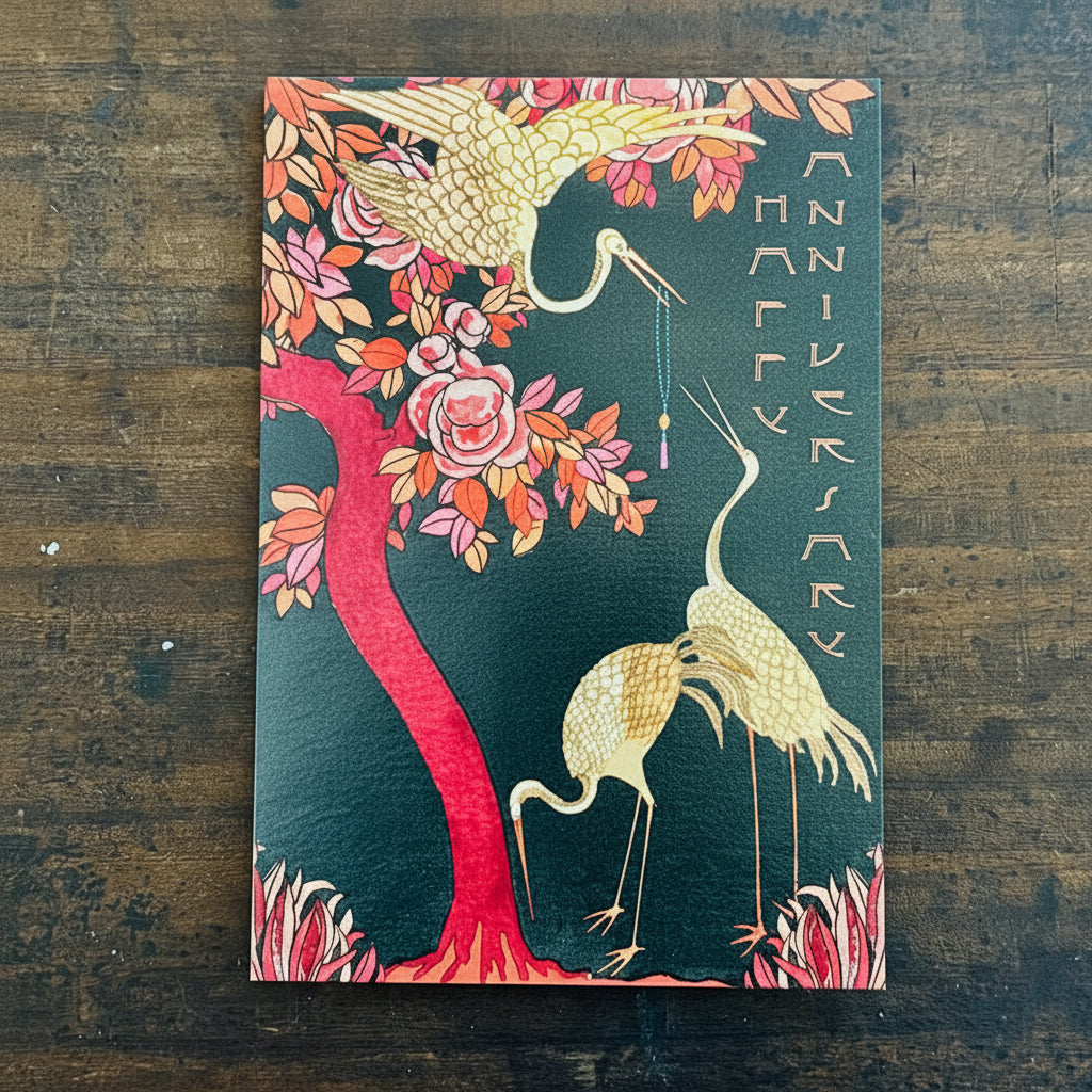 A vintage-style greeting card with a floral pattern and gold cranes, featuring the text 'Happy Anniversary' on a dark background.