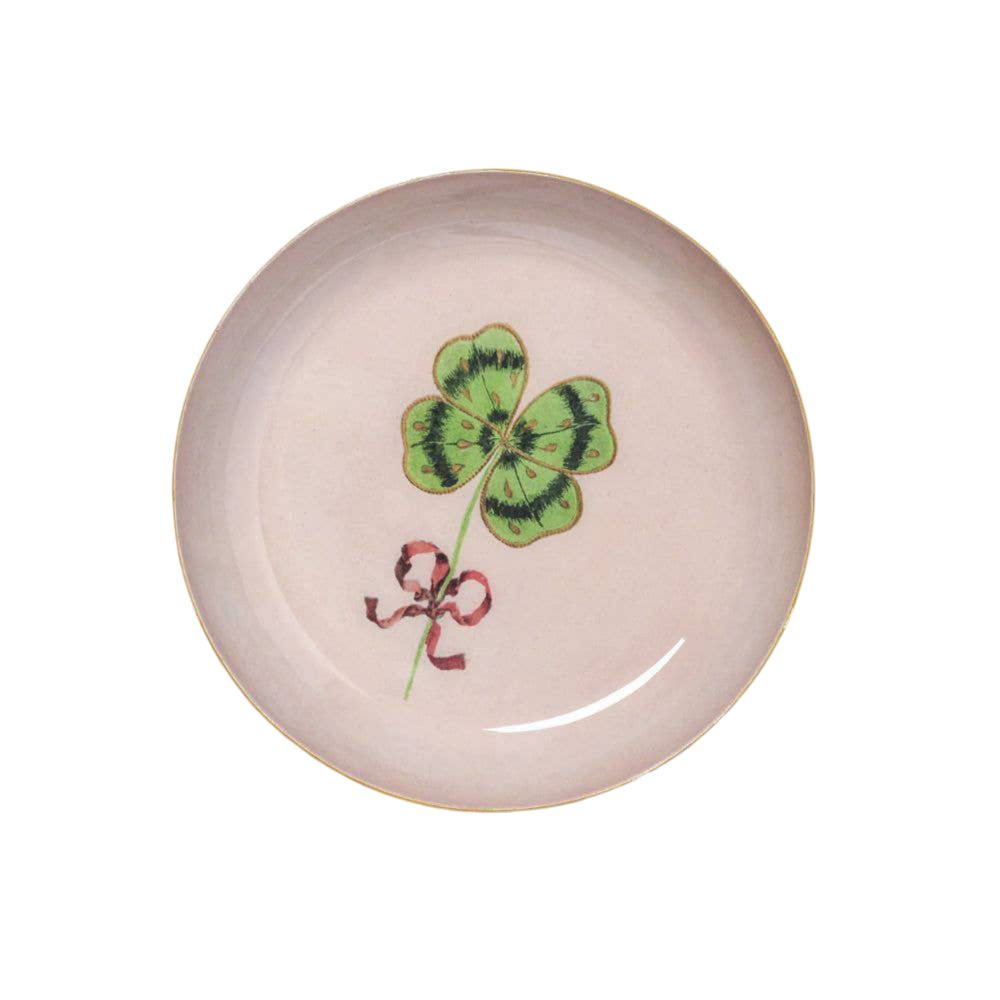 Roomytown clover enamel trinket tray on soft pink