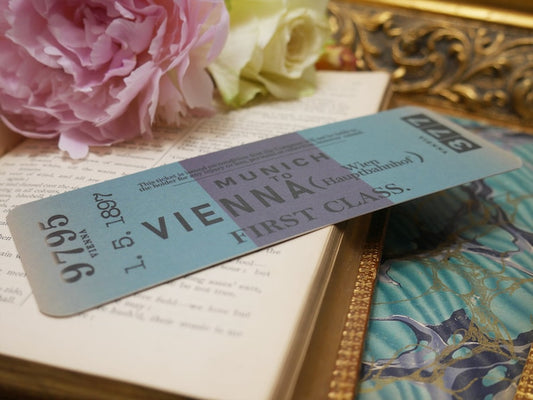 Jonathan Harker train ticket bookmark by Book Ephemera, shown in a book