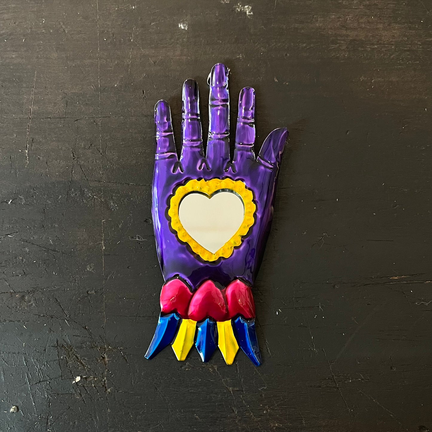 Mexican Tin Milagros Ex Voto - Purple Hand With Mirror