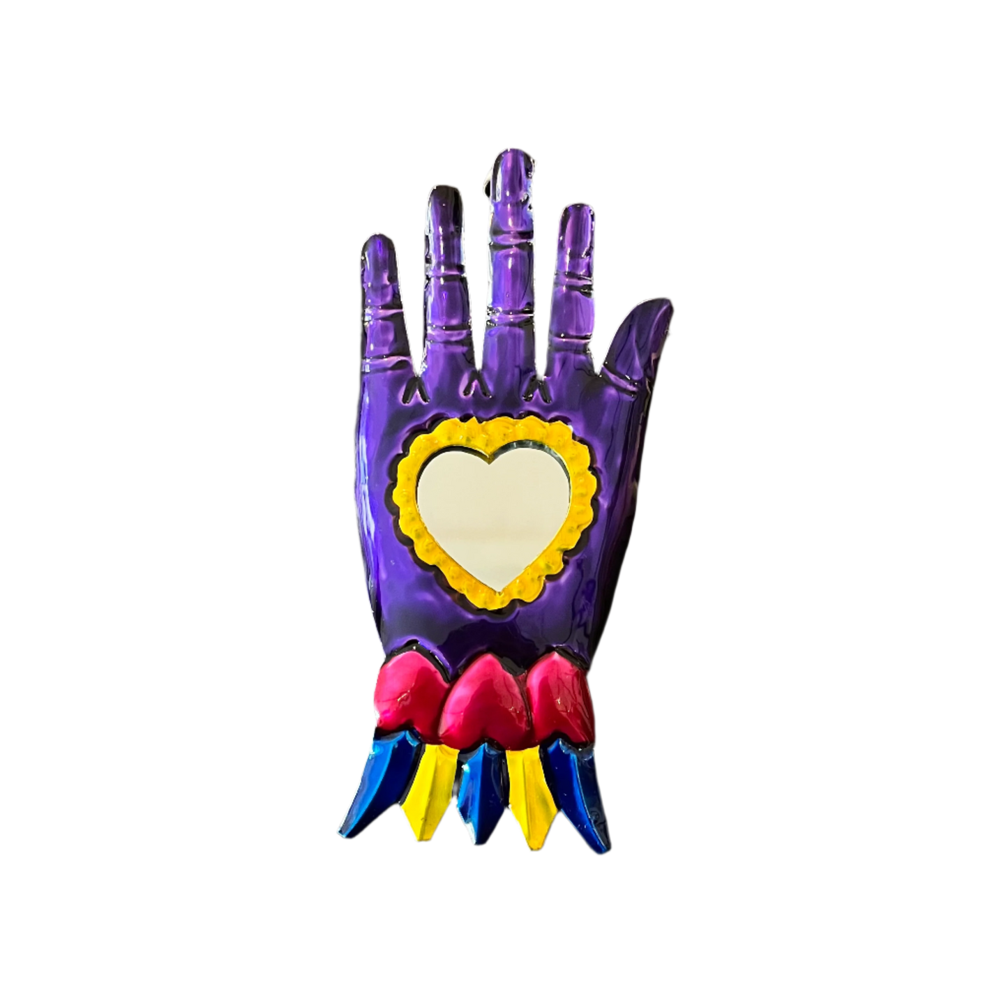 Mexican Tin Milagros Ex Voto - Purple Hand With Mirror