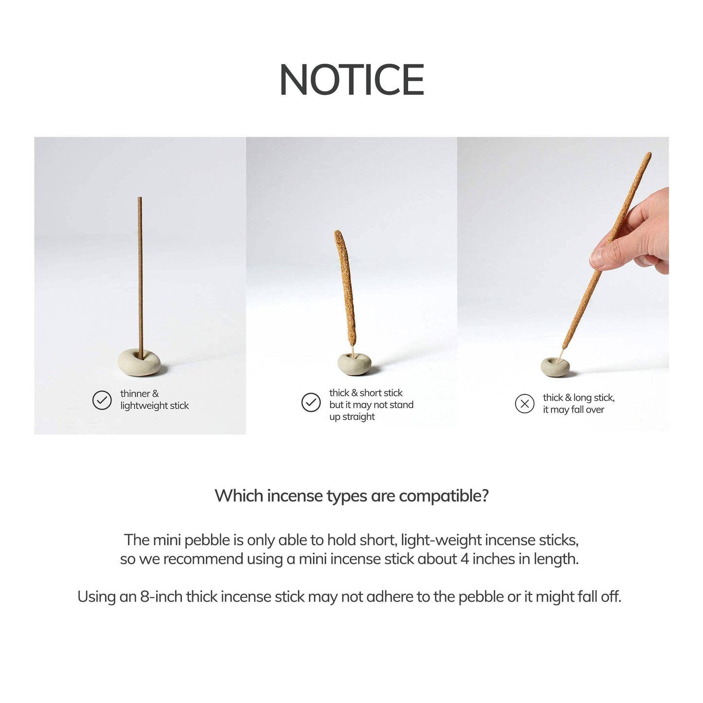 Graphic showing the different compatible incense stick types for the clay pebble incense holder.