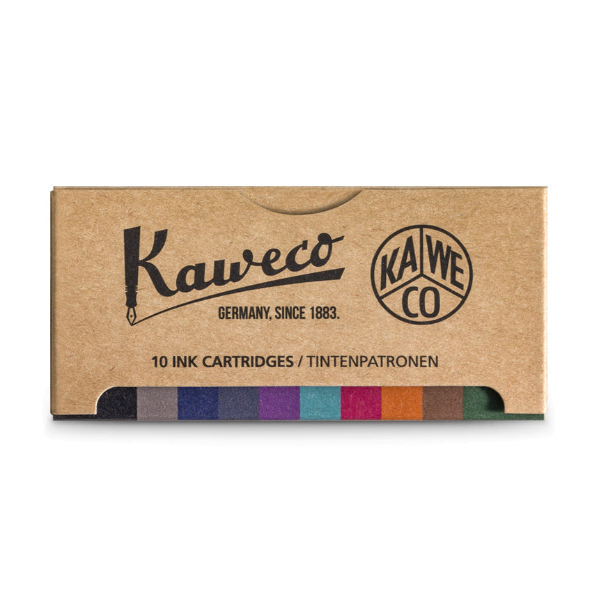 A pack of Kaweco ink cartridges in various colors, with the brand name visible on the packaging.