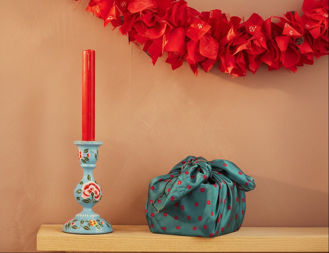 Ruffled red recycled sari fabric garland