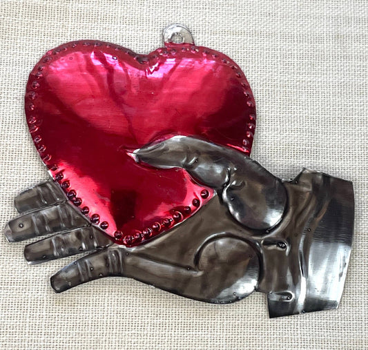 Hand-Painted Tin Hand & Heart Ornament