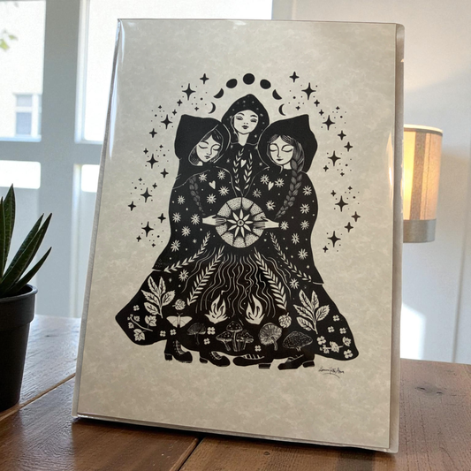 Sisters folk art print by Spirit of Lemuria shown in a frame