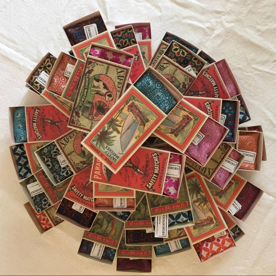 100% ilk square scarves in vintage match boxes