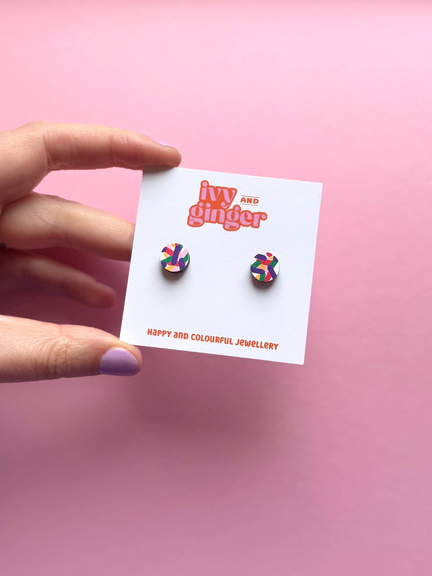 Confetti Print Circle Stud Earrings – Hand-Painted FSC Wood with Surgical Steel Posts