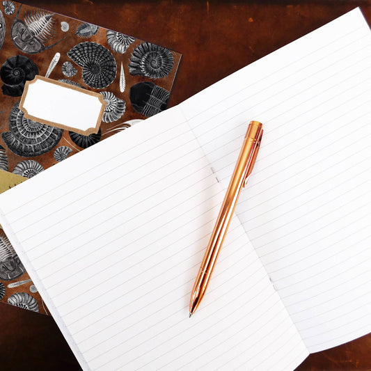 fossil notebook open showing lined recycled paper