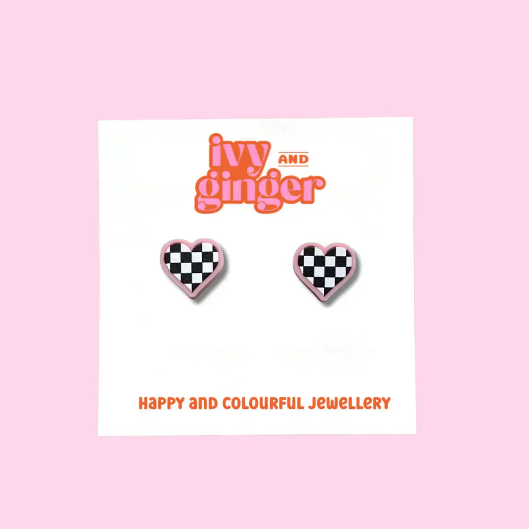 Pink Checkerboard Heart Stud Earrings – Handmade UK Acrylic with Surgical Steel Posts