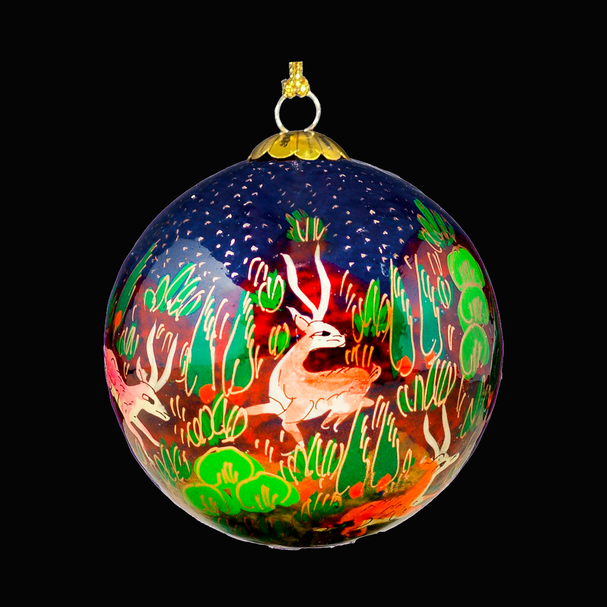 Christmas Bauble ornament with a deer design on a black background