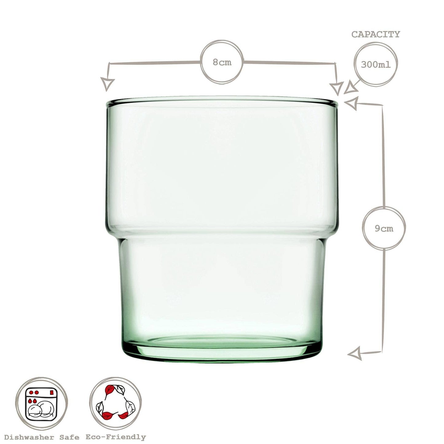 Green glass tumbler with measurements and icons indicating dishwasher safety and eco-friendliness on a white background.