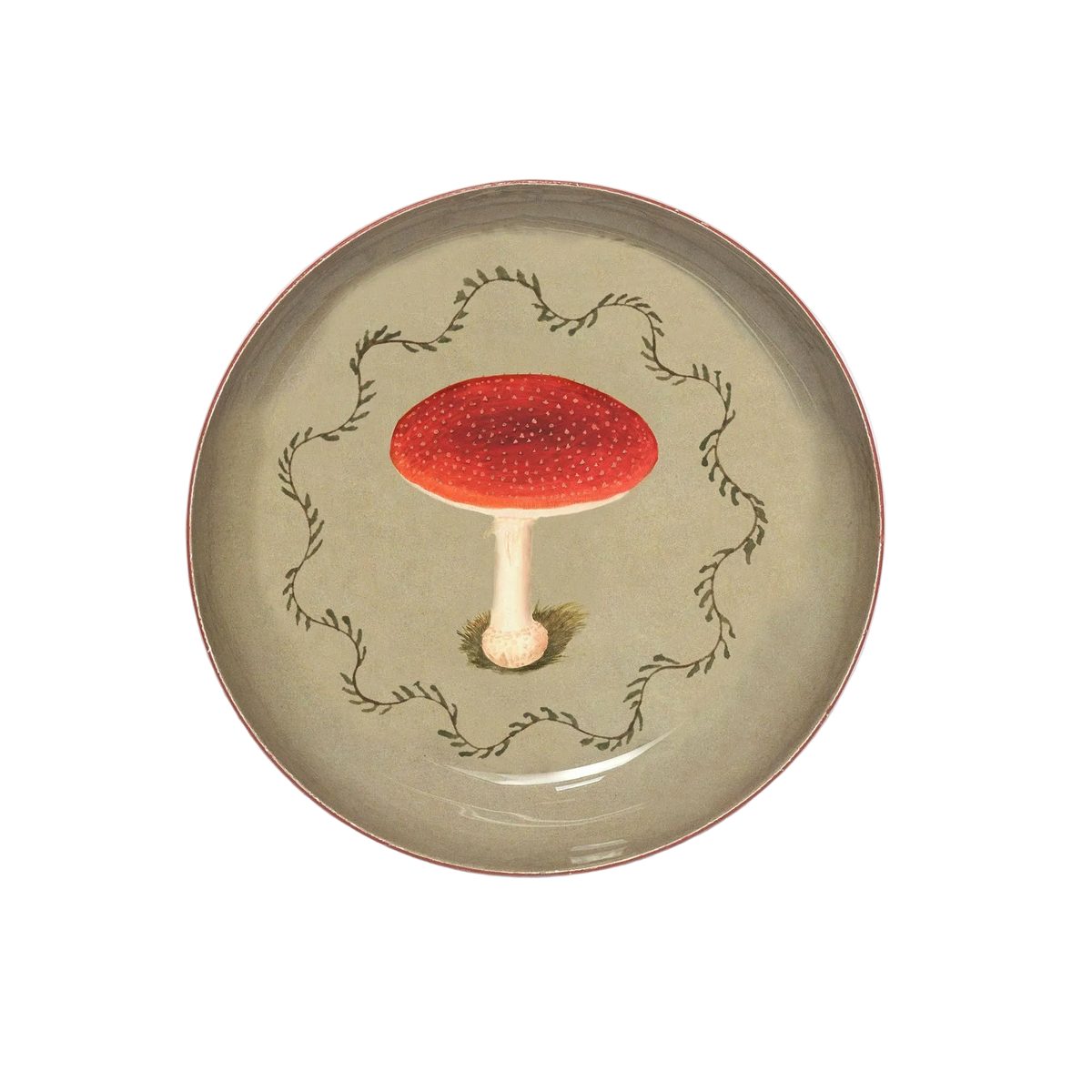 A beige enamel tray with a red and brown mushroom design in the center, handcrafted in India.