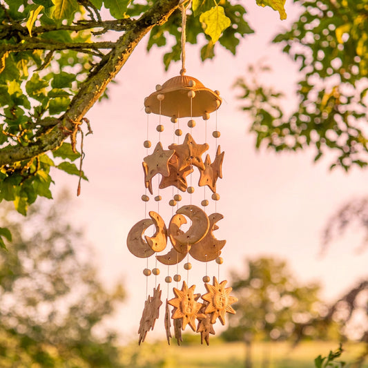 Unglazed ceramic wind chime with strings of stars, moons and suns