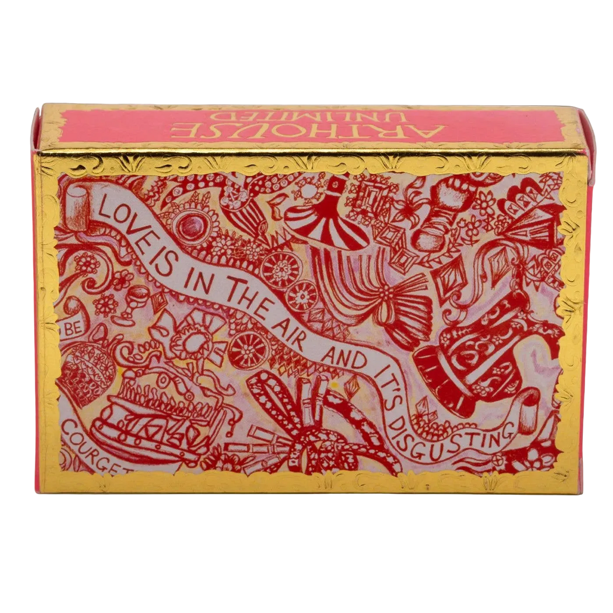 Decorative box with red and gold design and text on a white background