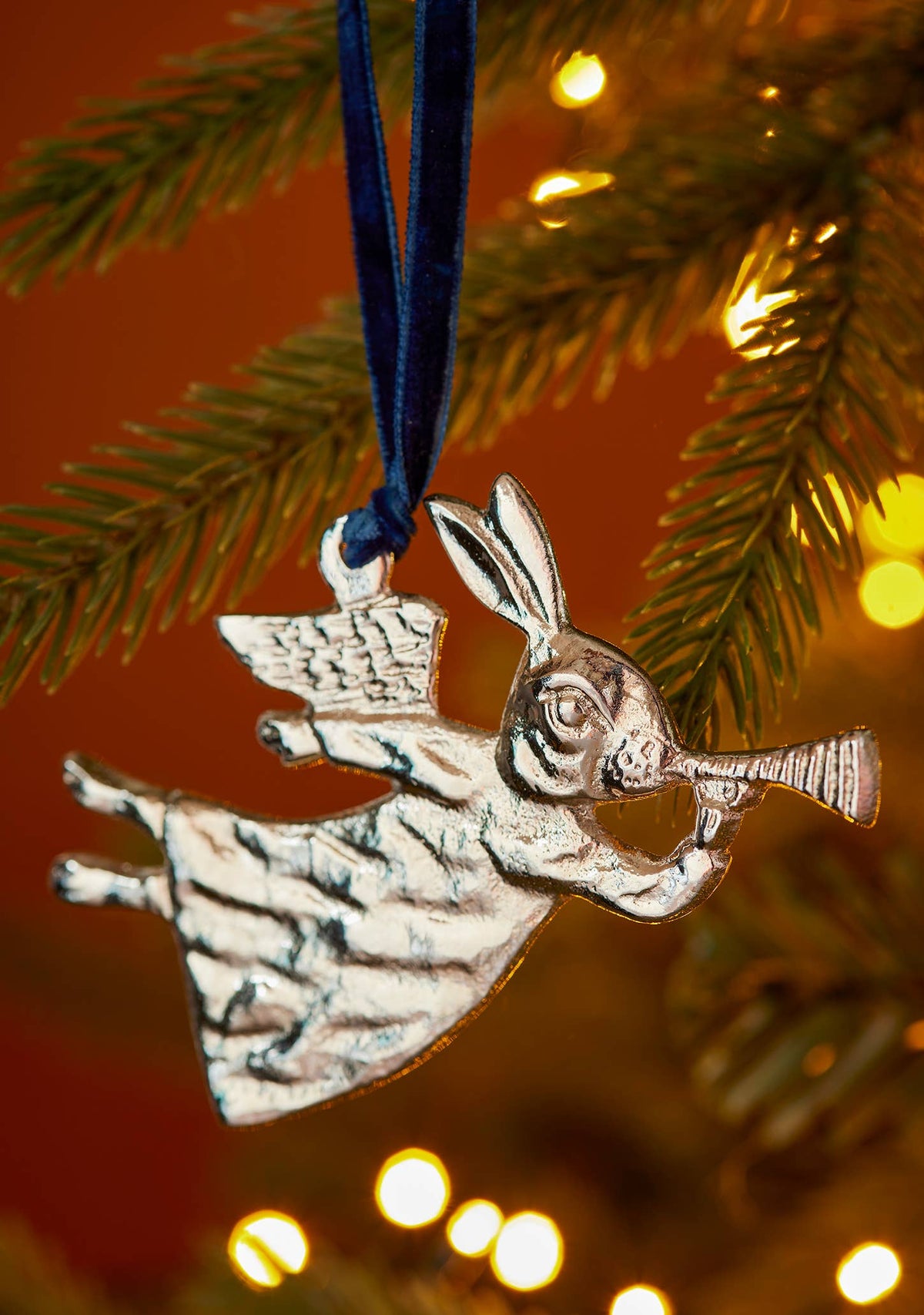 Trumpeting angel rabbit Christmas decoration in silver-tone recycled aluminium