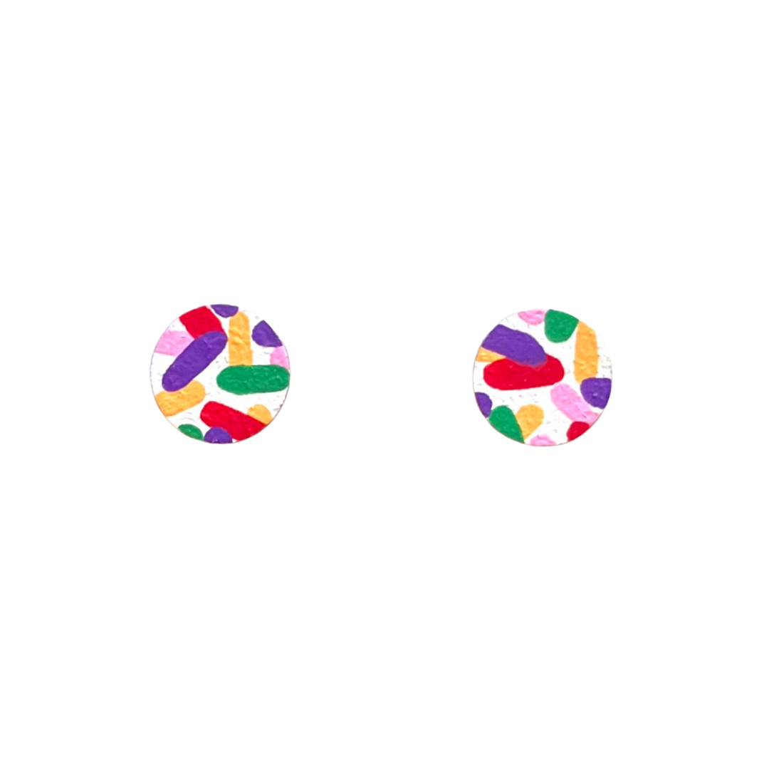Confetti Print Circle Stud Earrings – Hand-Painted FSC Wood with Surgical Steel Posts