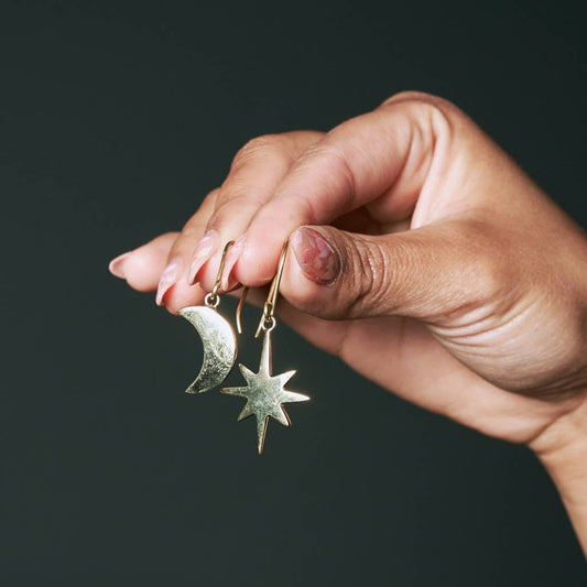 Star & Crescent Hook Earrings – Recycled Gold-Tone Brass, Hand-Cast in Kenya