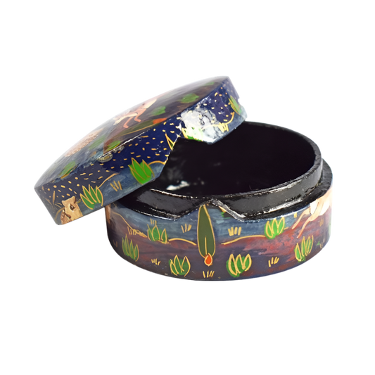 Decorative round box with a lid on a white background