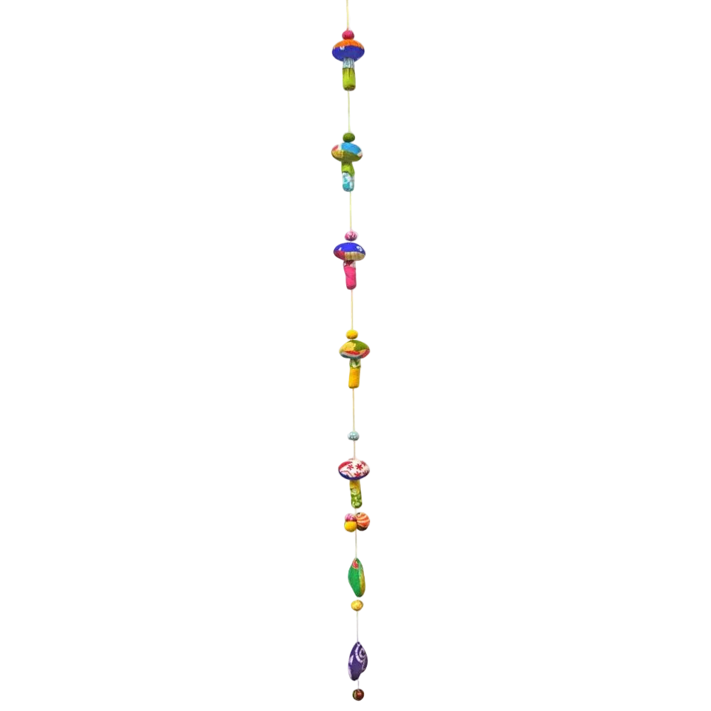 Colorful beaded hanging ornament on a white background