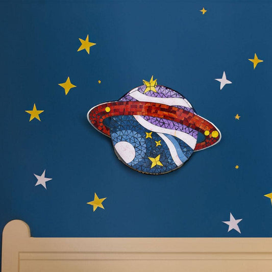 Stars & Planets mosaic wall hanging installed on a bedroom wall, styled with complementary star decorations to create a celestial-inspired display.