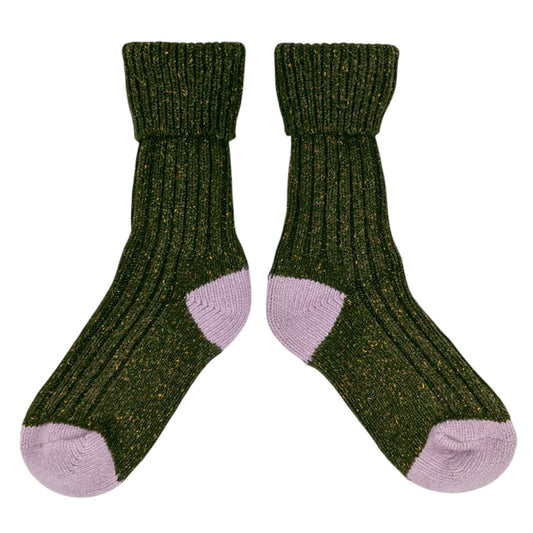 Pair of green cosy wool socks with purple toes and cuffs