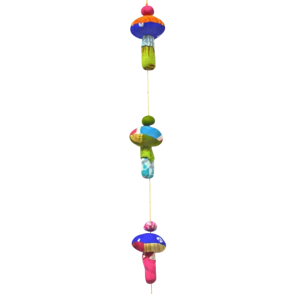 Colorful mushroom-shaped hanging decoration on a white background
