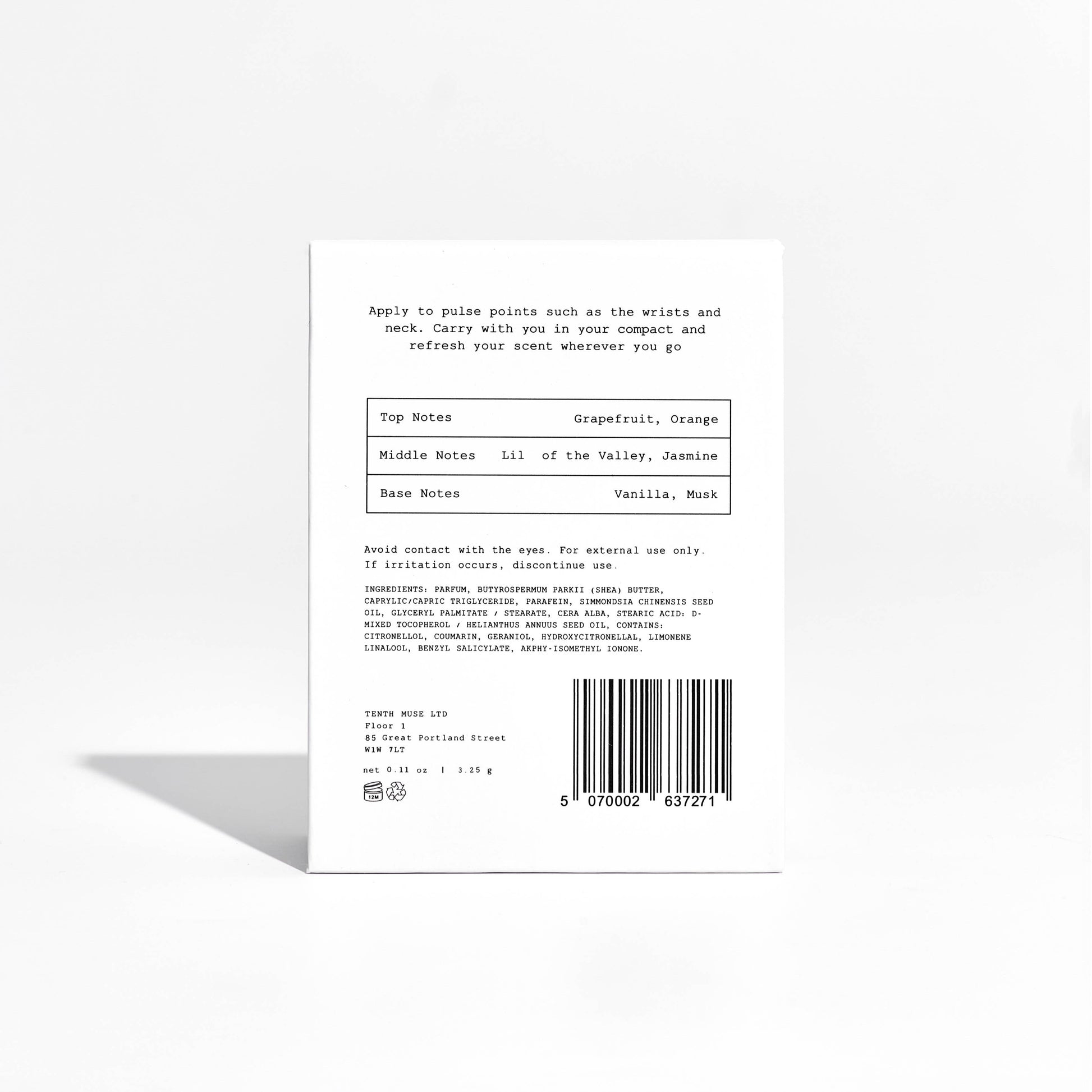 Back of Clean Girl Solid Perfume Balm packaging showing ingredients list and product information